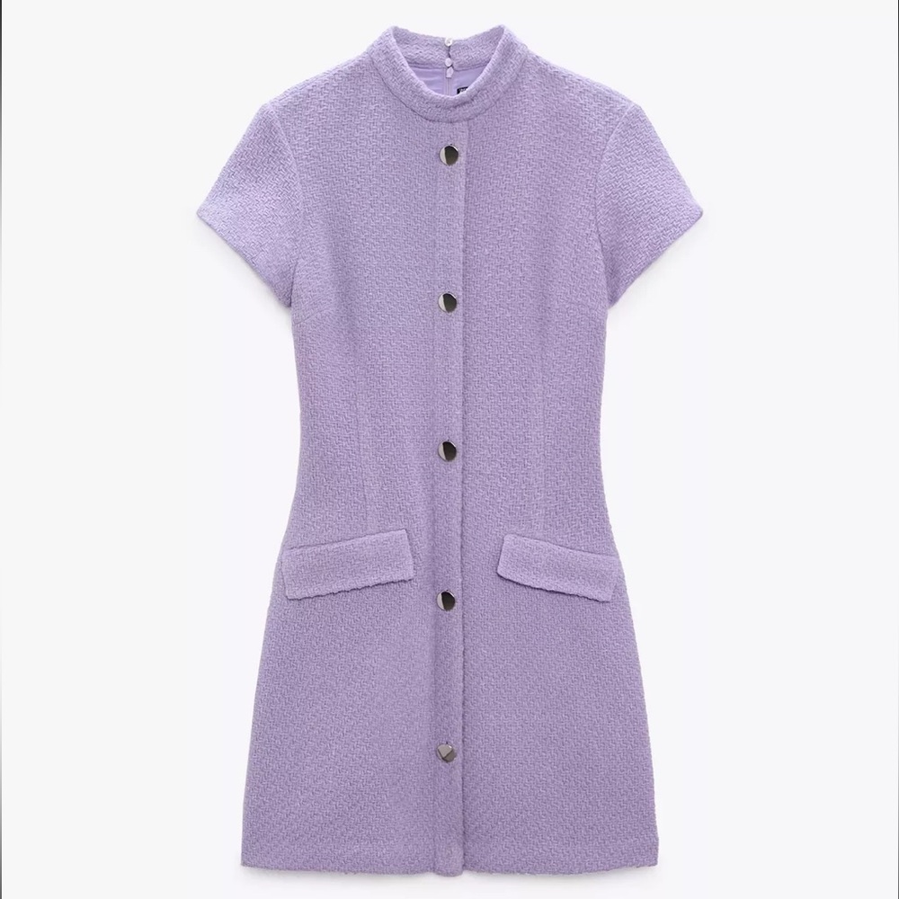 Zara Lavender Tweed Textured Button Dress